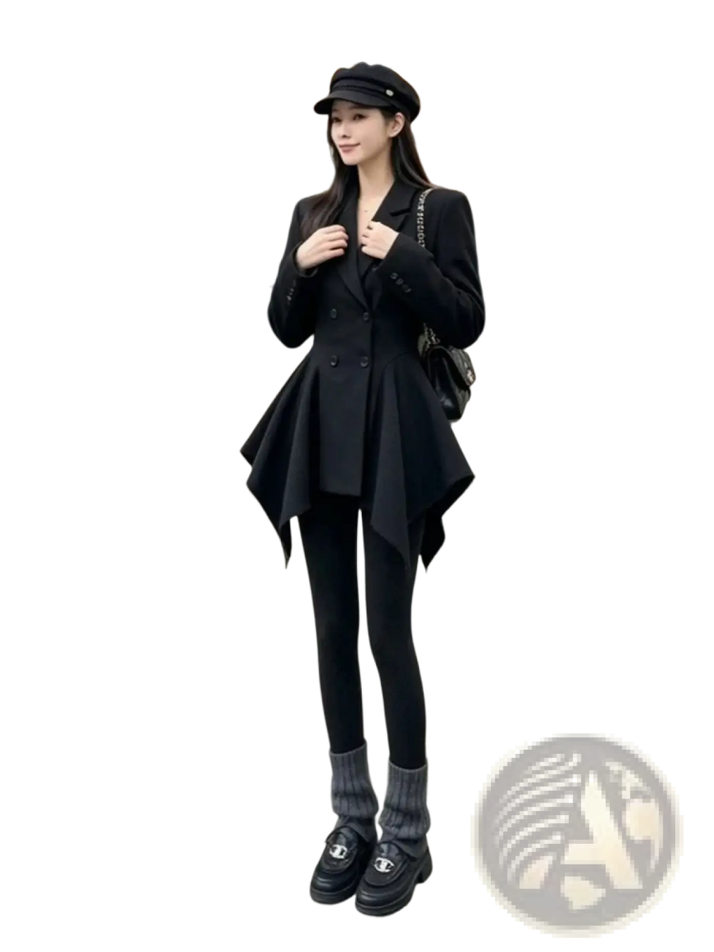 Black double breasted peplum blazer with structured silhouette and asymmetrical hemline in elegant design