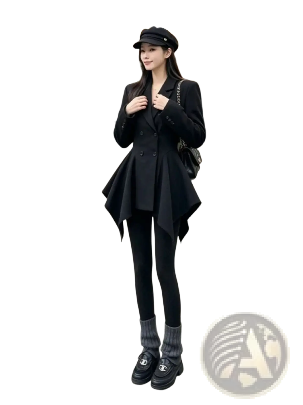 Black double breasted peplum blazer with structured silhouette and asymmetrical hemline in elegant design