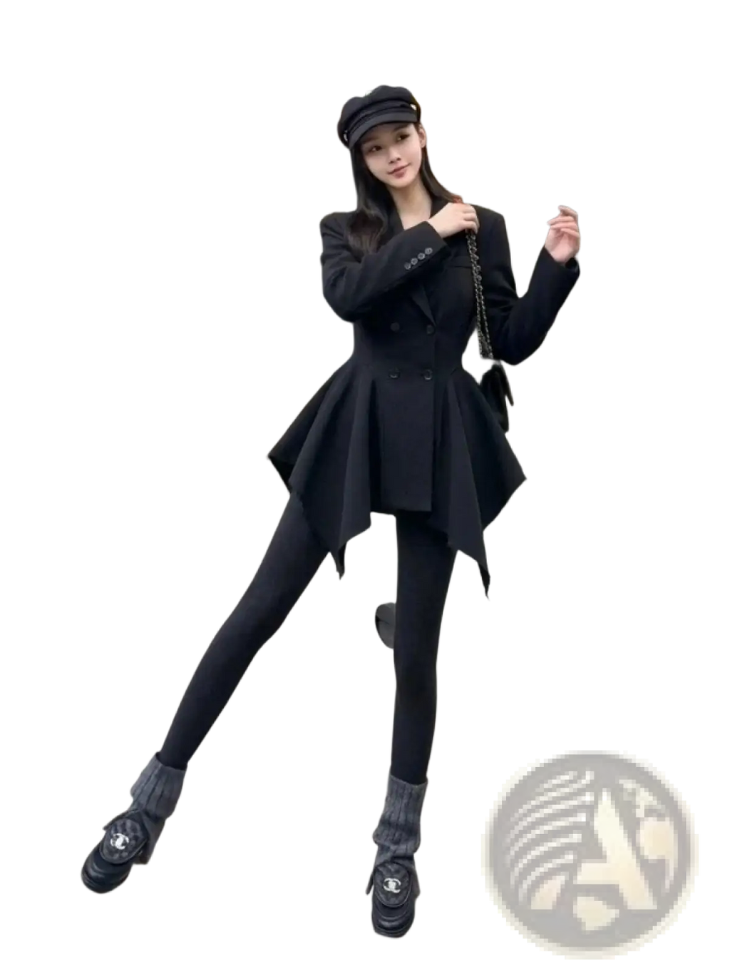 Black double breasted peplum blazer featuring a flared hem and asymmetrical cut for a stylish formal look