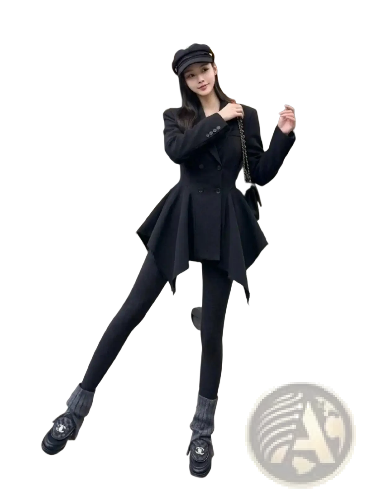 Black double breasted peplum blazer featuring a flared hem and asymmetrical cut for a stylish formal look