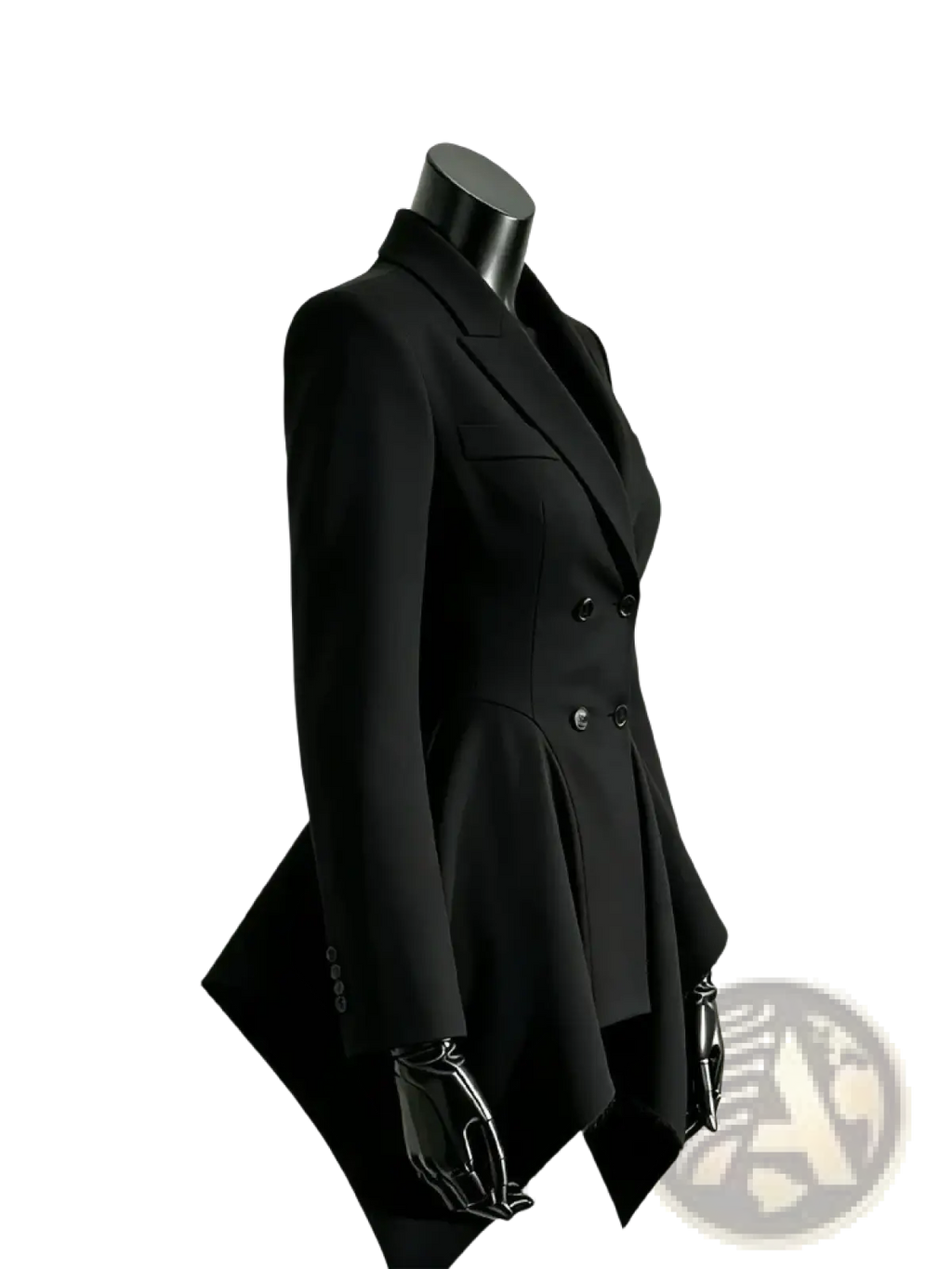 Black double breasted peplum blazer with a flared hem and sleek tailored fit in a polished design