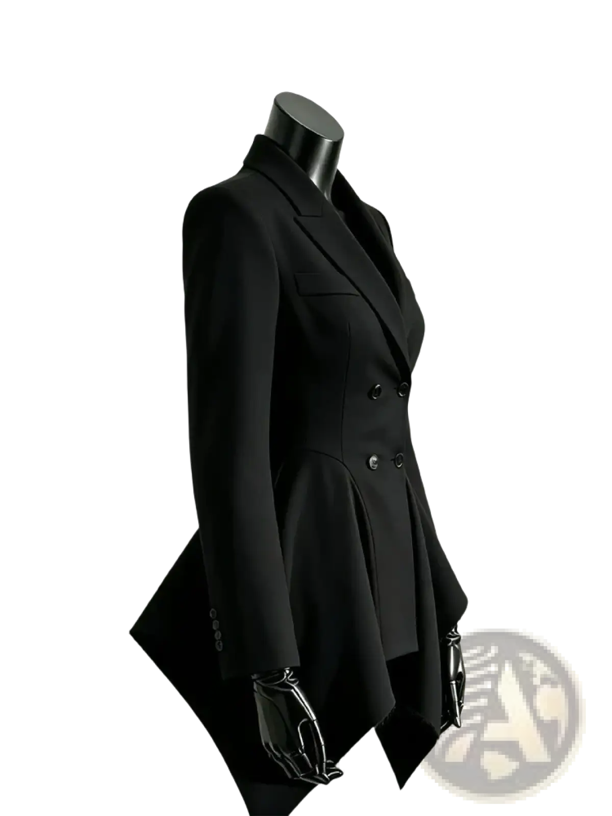 Black double breasted peplum blazer with a flared hem and sleek tailored fit in a polished design