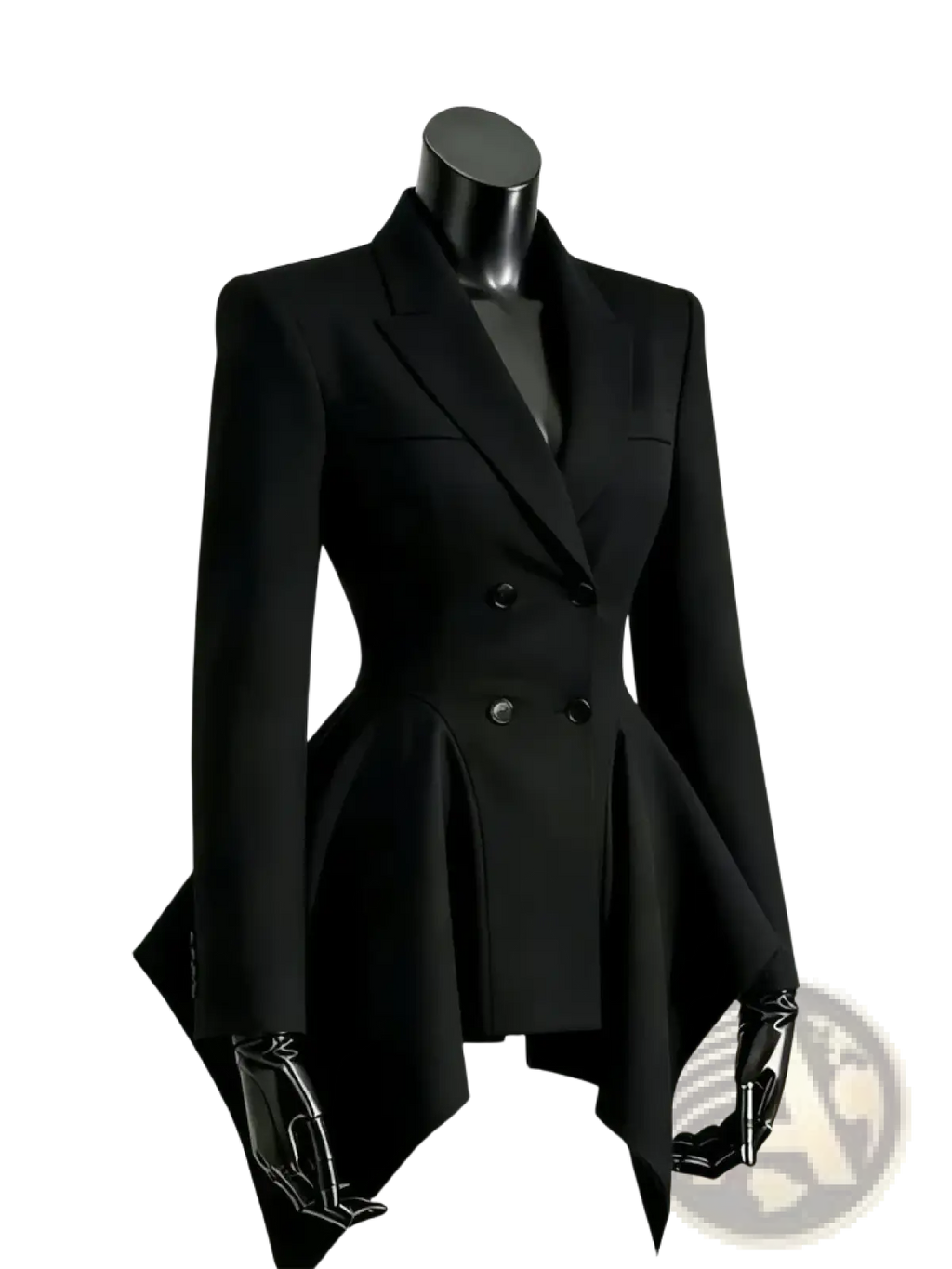 Black double breasted blazer with peplum hem and structured shoulders in a tailored design for formal wear