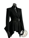Black double breasted blazer with peplum hem and structured shoulders in a tailored design for formal wear