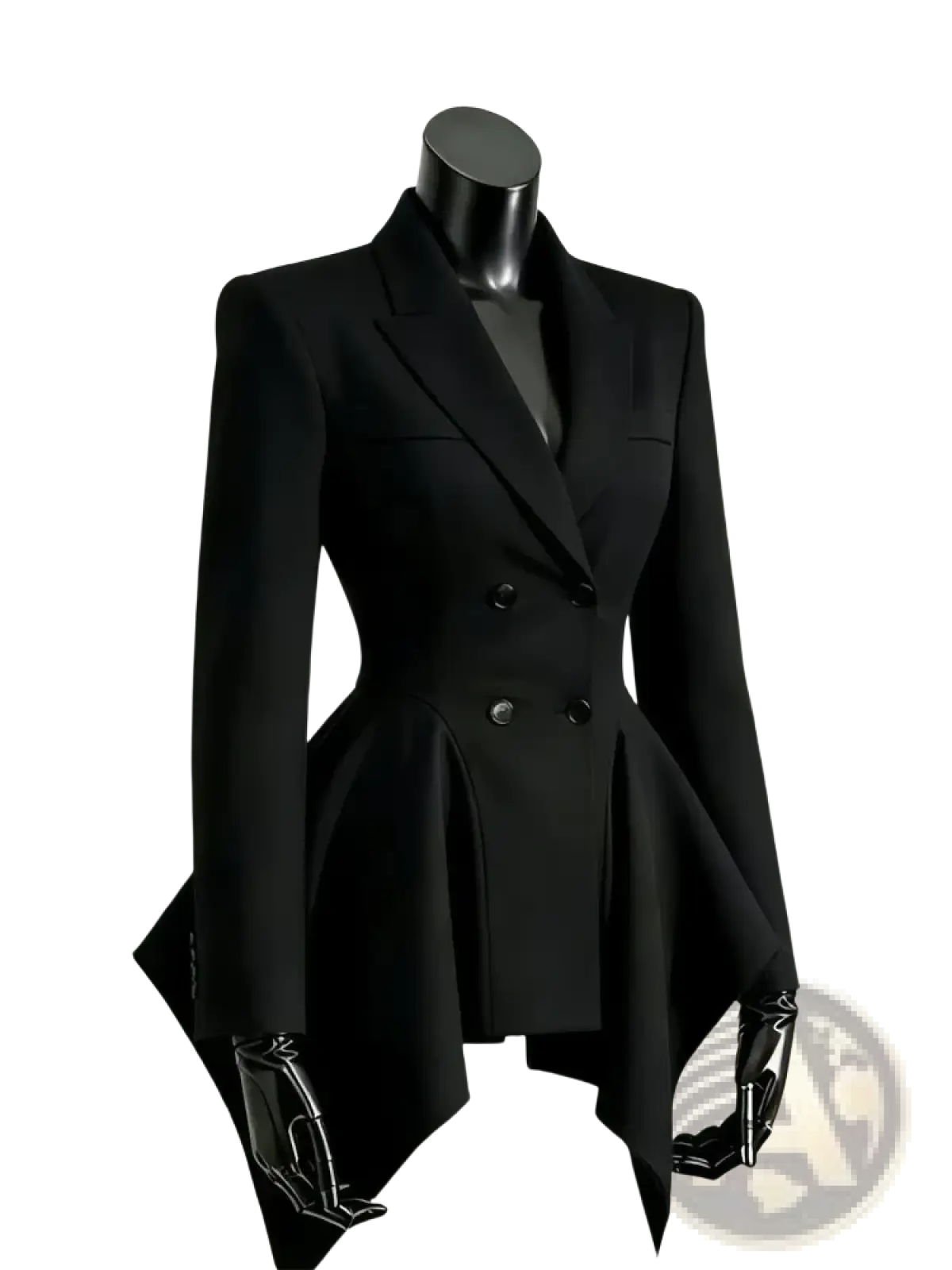 Black double breasted blazer with peplum hem and structured shoulders in a tailored design for formal wear