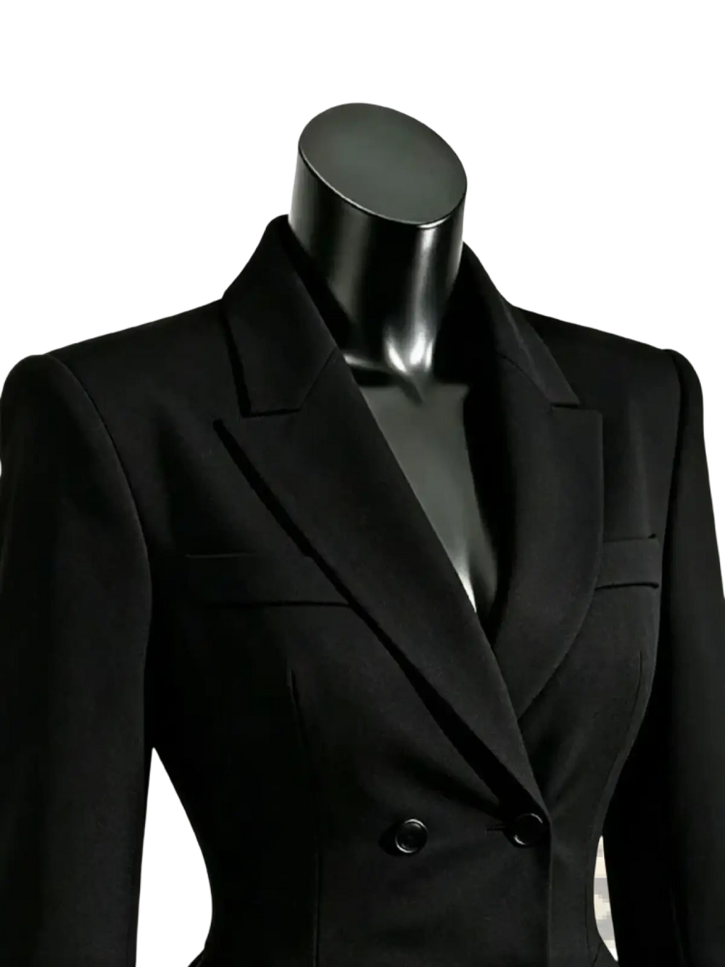 Black double breasted peplum blazer with structured shoulders and notched lapels in classic black fabric