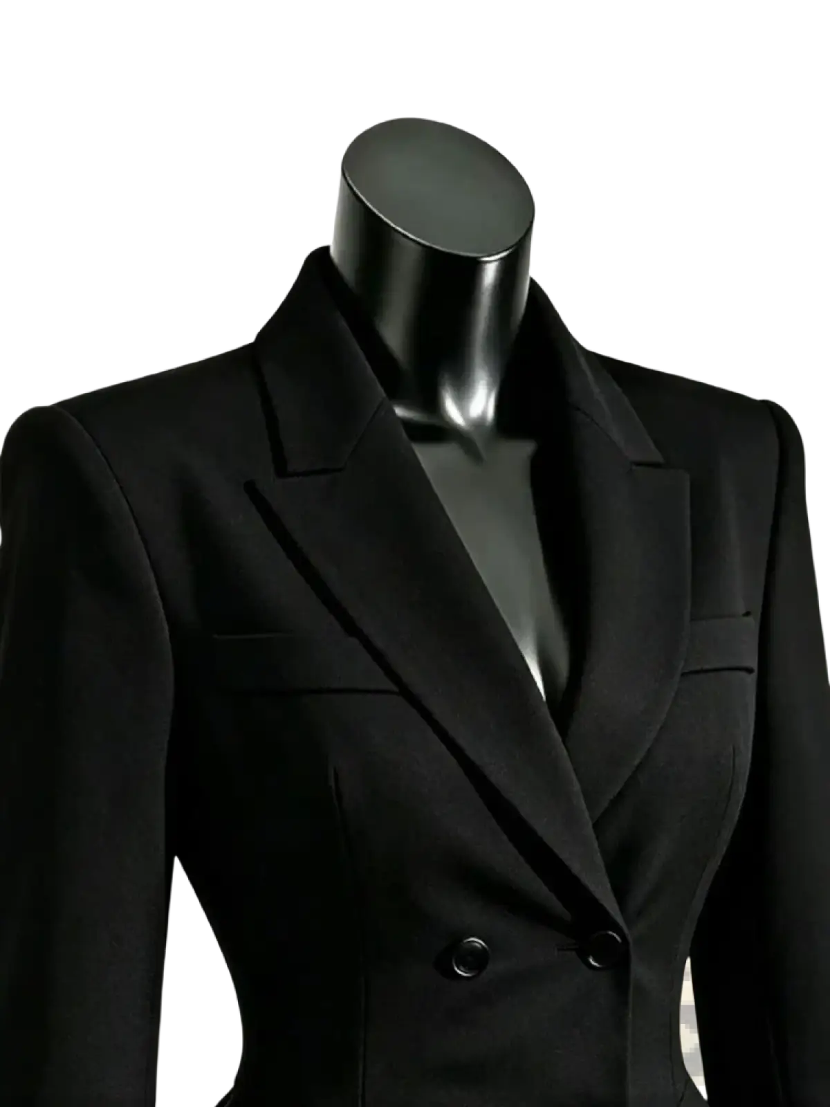 Black double breasted peplum blazer with structured shoulders and notched lapels in classic black fabric