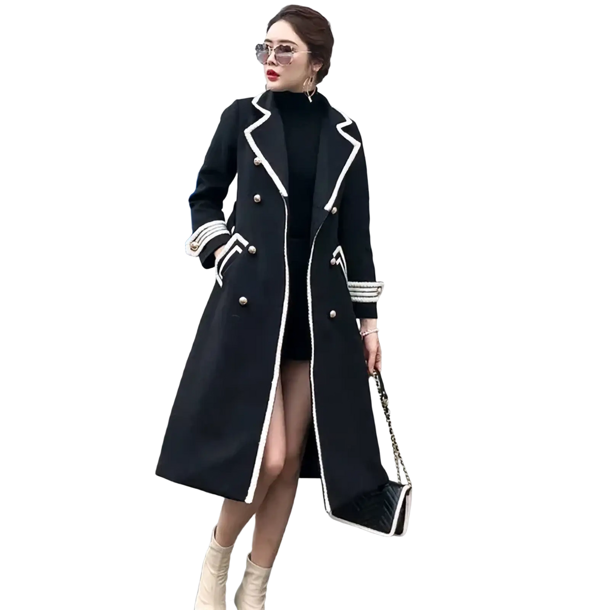 Black double-breasted wool overcoat for women with white piping and silver buttons showcasing front design
