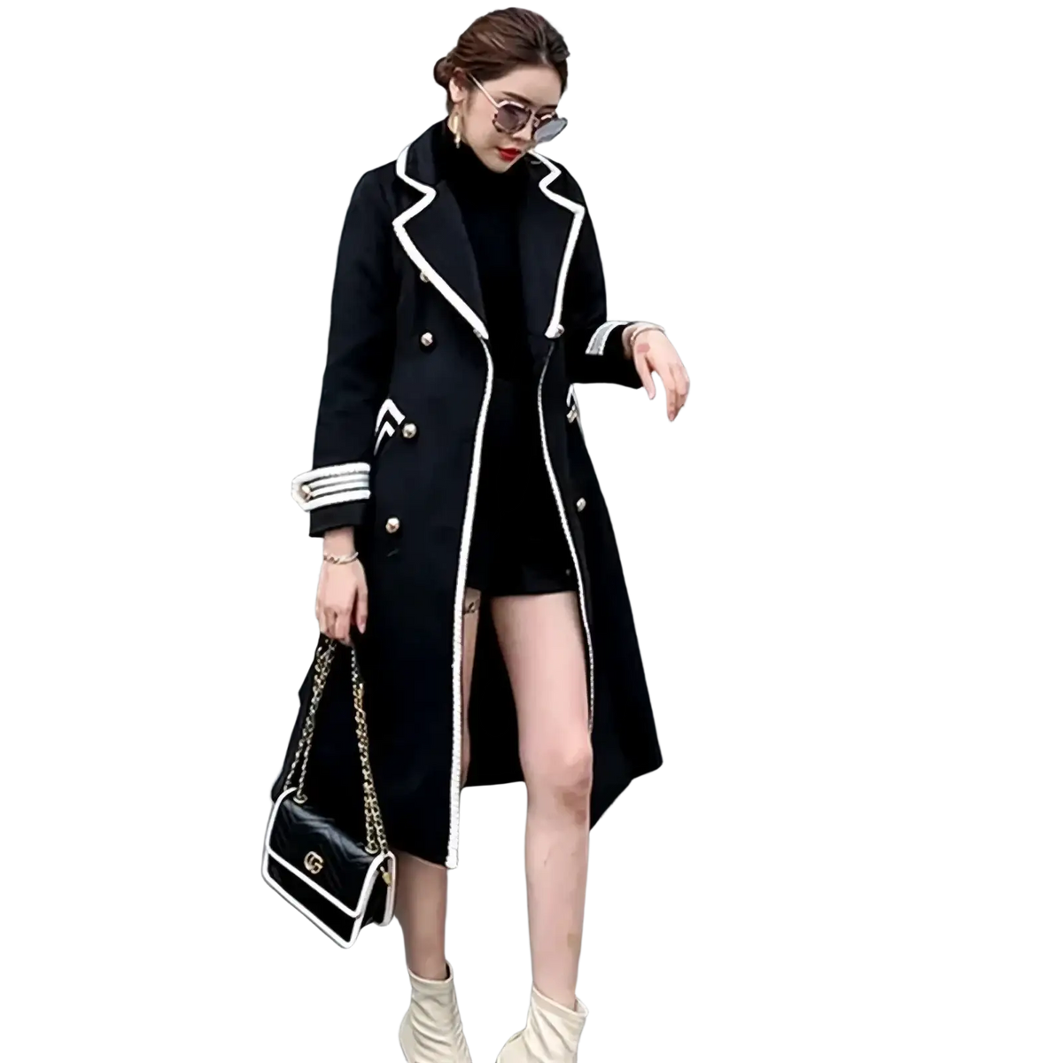 Black double-breasted wool overcoat for women with white trim and gold buttons front view