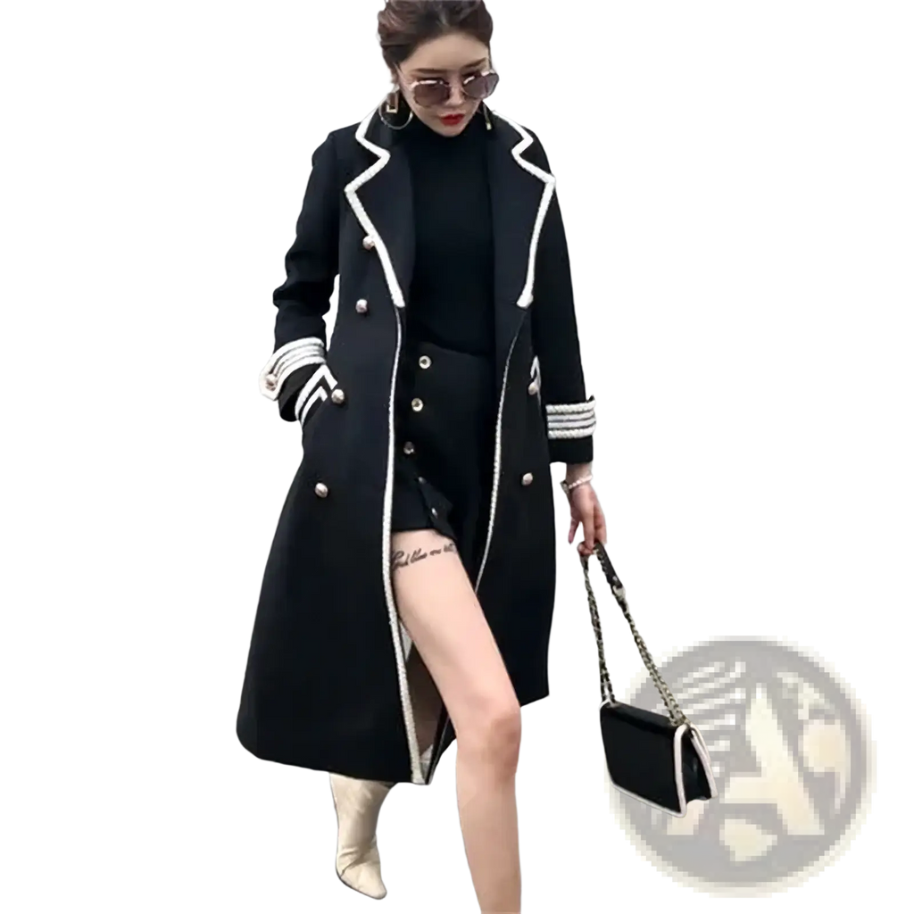 Black double-breasted wool overcoat for women with white piping and silver buttons front view