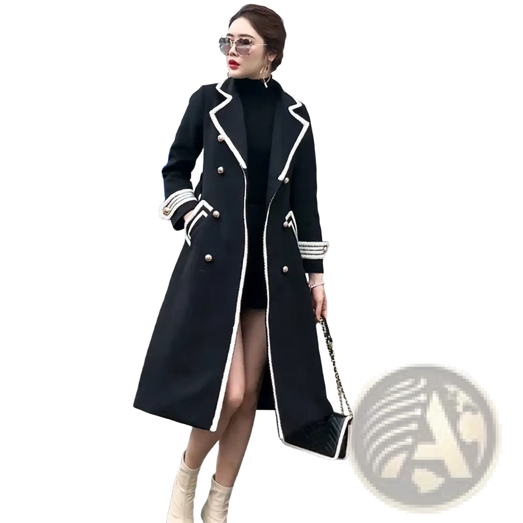 Black double-breasted wool overcoat for women with white piping and silver buttons showcasing front design