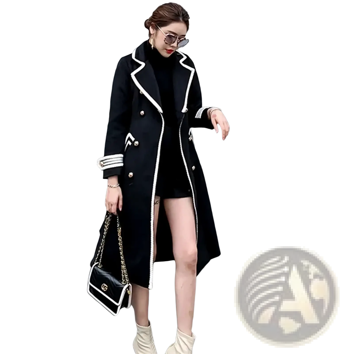 Black double-breasted wool overcoat for women with white trim and gold buttons