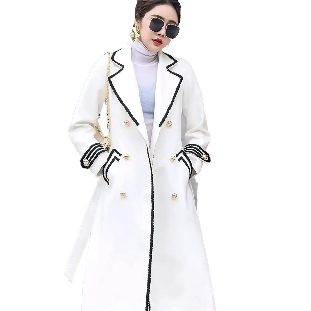 White double-breasted wool coat with black trim and gold buttons for women front view