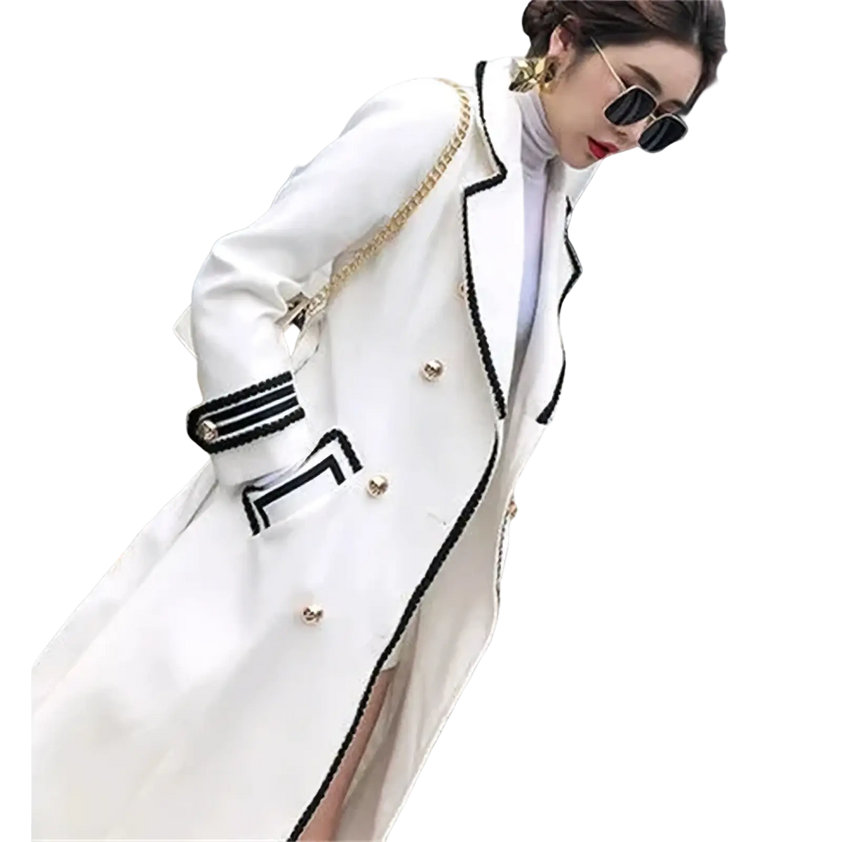 White double-breasted wool coat with black trim and gold buttons for women’s formal outerwear