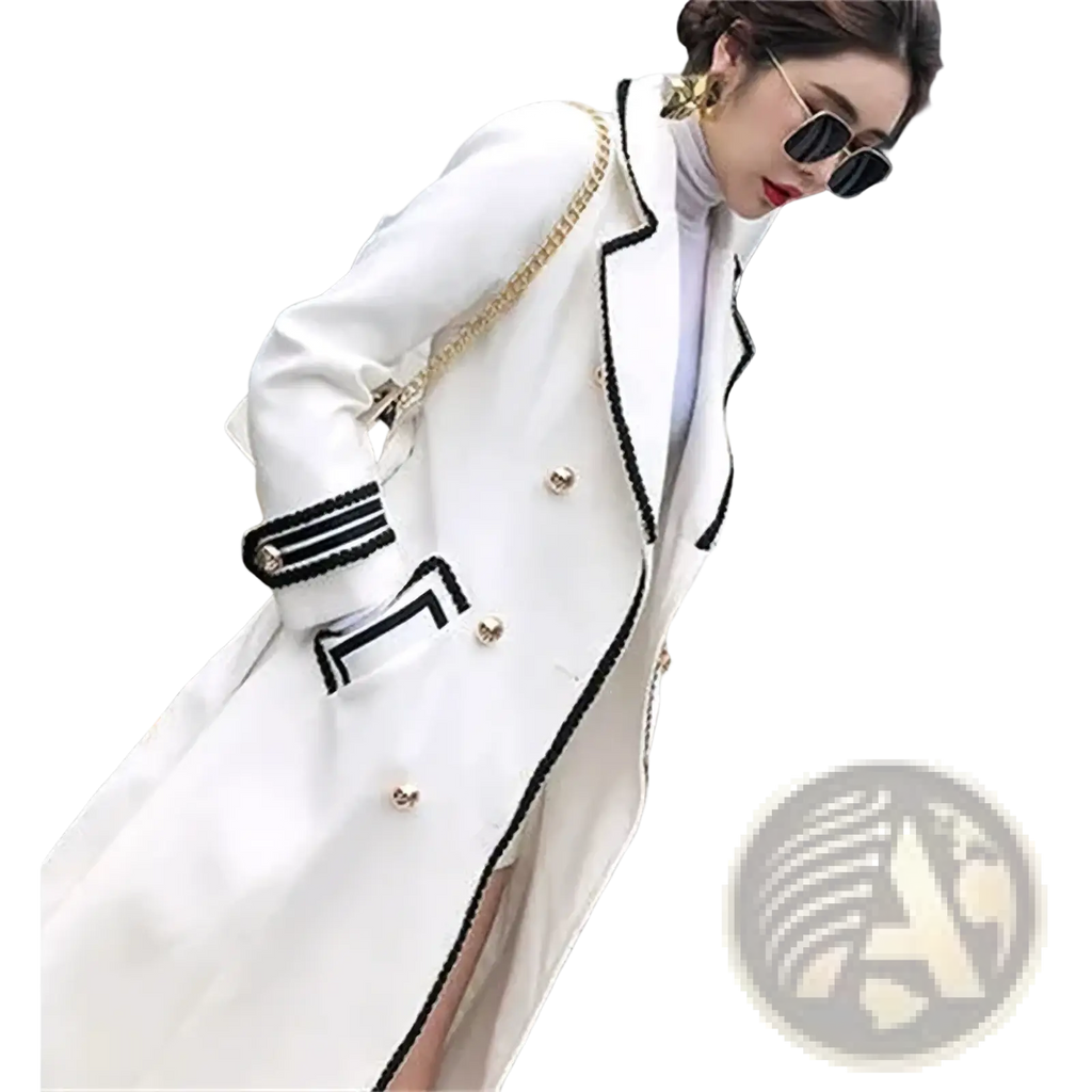 White double-breasted wool coat with black trim and gold buttons for women’s formal outerwear
