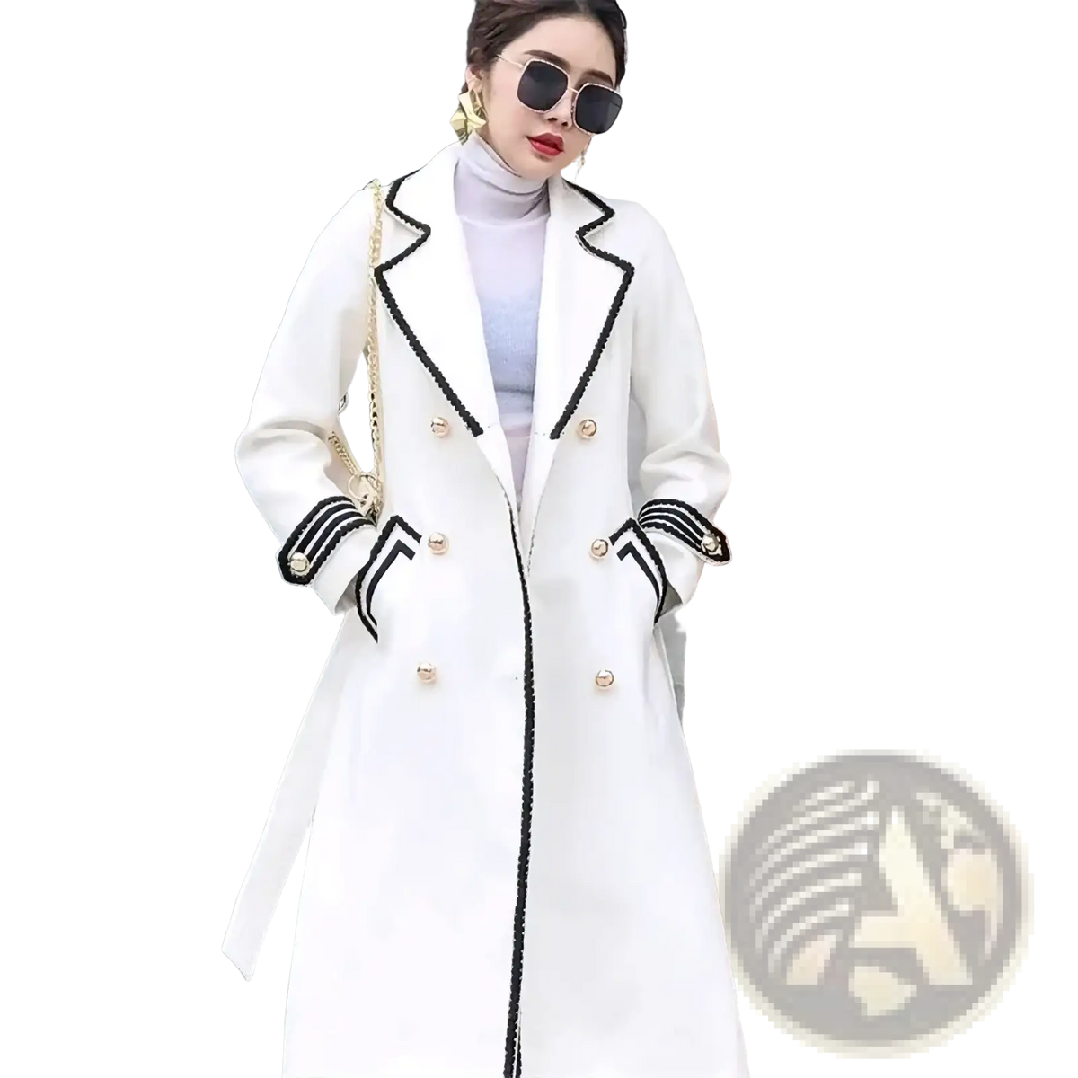 White double-breasted wool coat with black trim and gold buttons for women front view