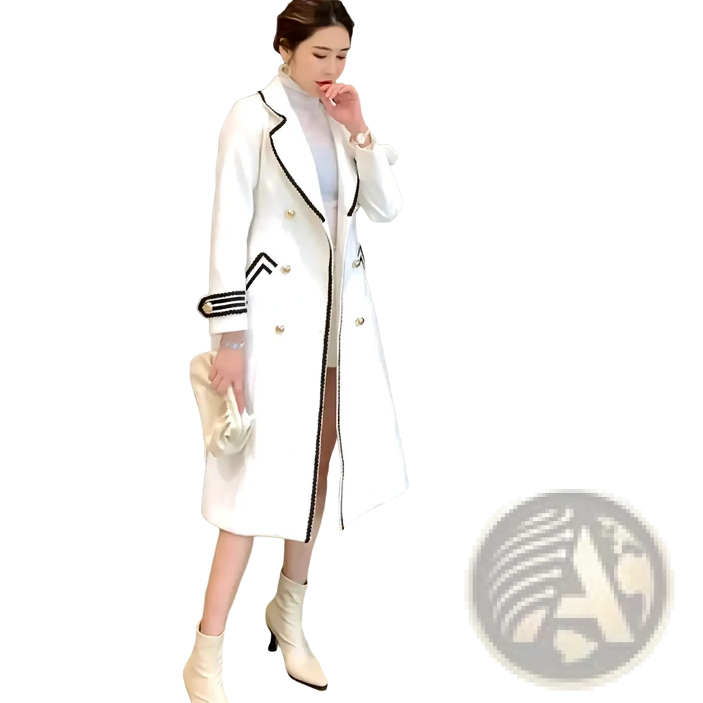 White double-breasted wool coat with black trim and gold buttons for women in a stylish overcoat design