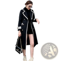 Black double-breasted wool overcoat for women with white trim and gold buttons front view