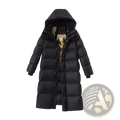 Black down jacket hooded quilted puffer coat with a hood and gold-patterned lining visible at the collar