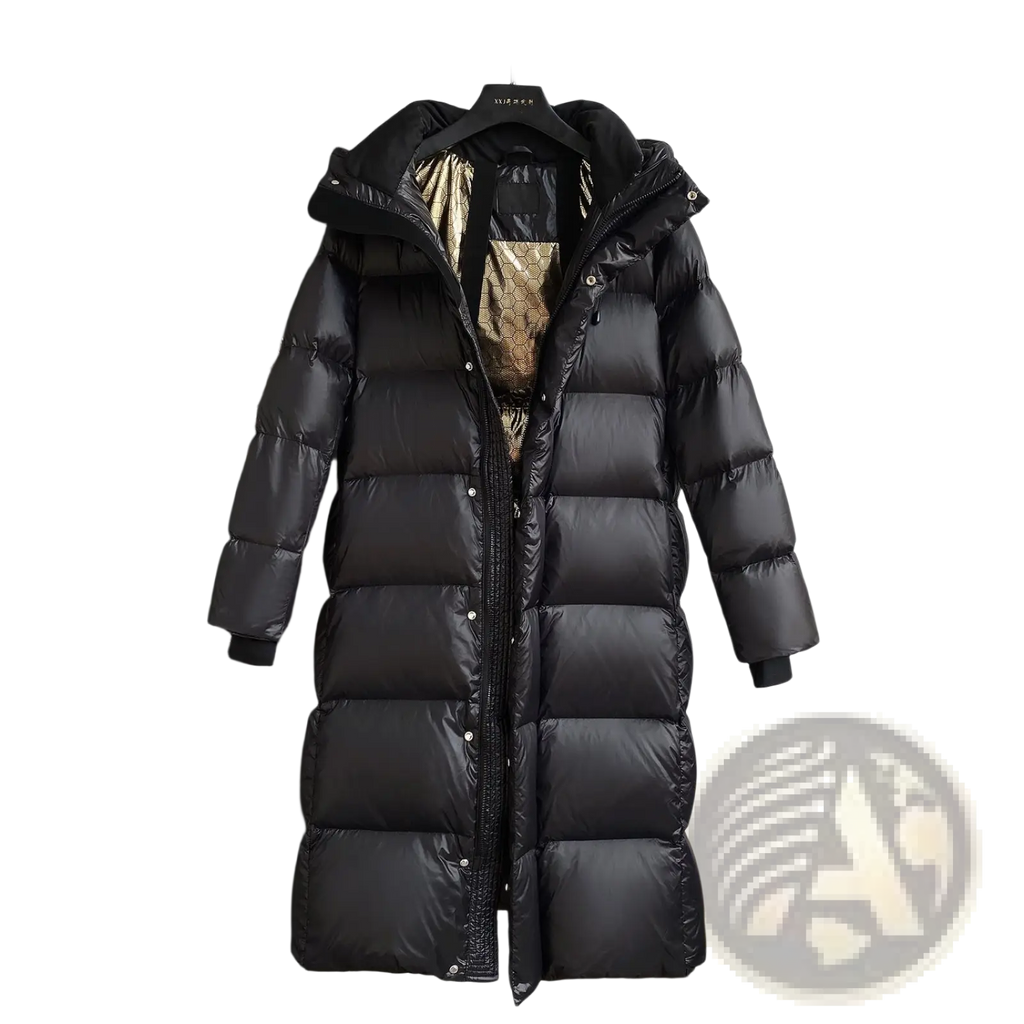 Black down jacket hooded quilted puffer coat in shiny black material with an attached hood lined in gold patterned fabric