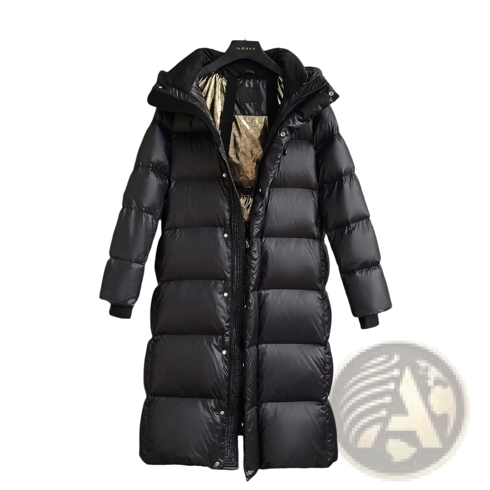 Black down jacket hooded quilted puffer coat in shiny black material with an attached hood lined in gold patterned fabric