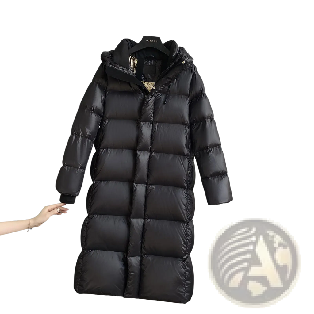 Black down jacket hooded quilted puffer coat made of insulated material hanging on a rack