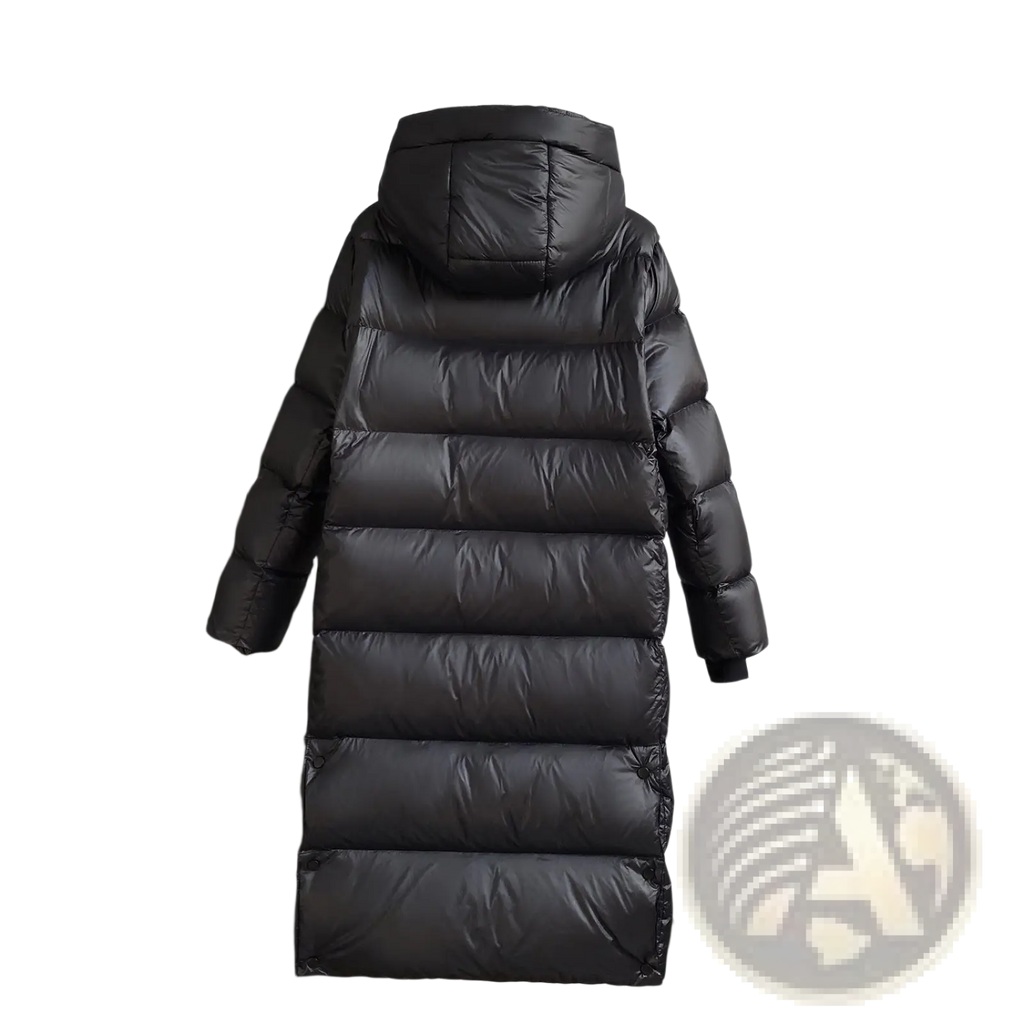 Black down jacket hooded quilted puffer coat in shiny synthetic fabric with horizontal stitching