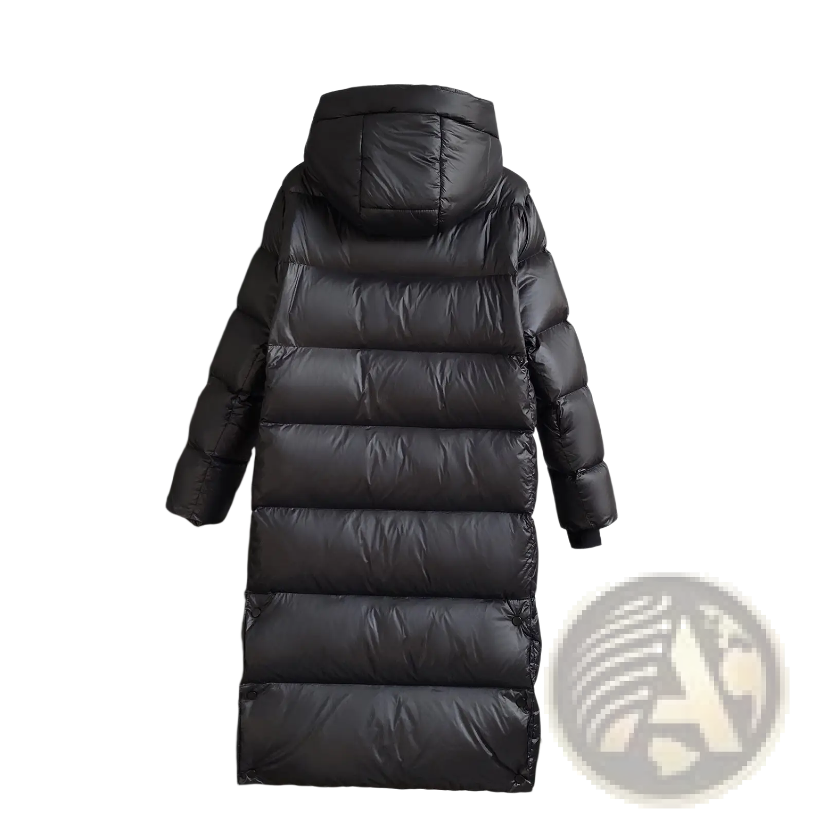 Black down jacket hooded quilted puffer coat in shiny synthetic fabric with horizontal stitching