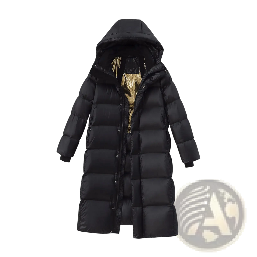 Black down jacket hooded quilted puffer coat with a black exterior and gold-patterned lining visible at the collar