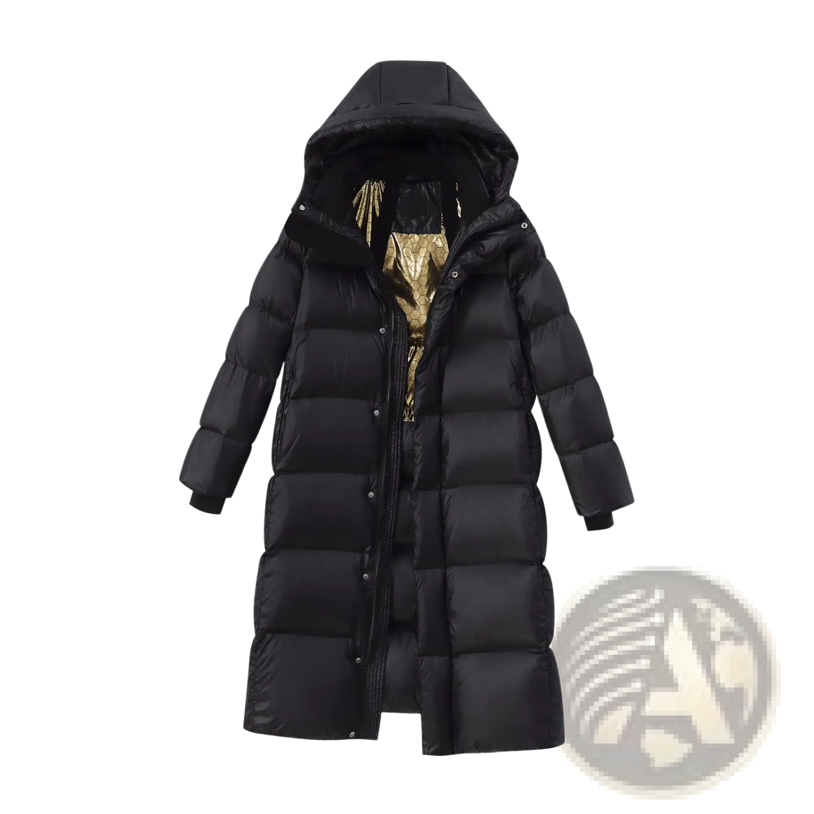 Black down jacket hooded quilted puffer coat with a black exterior and gold-patterned lining visible at the collar