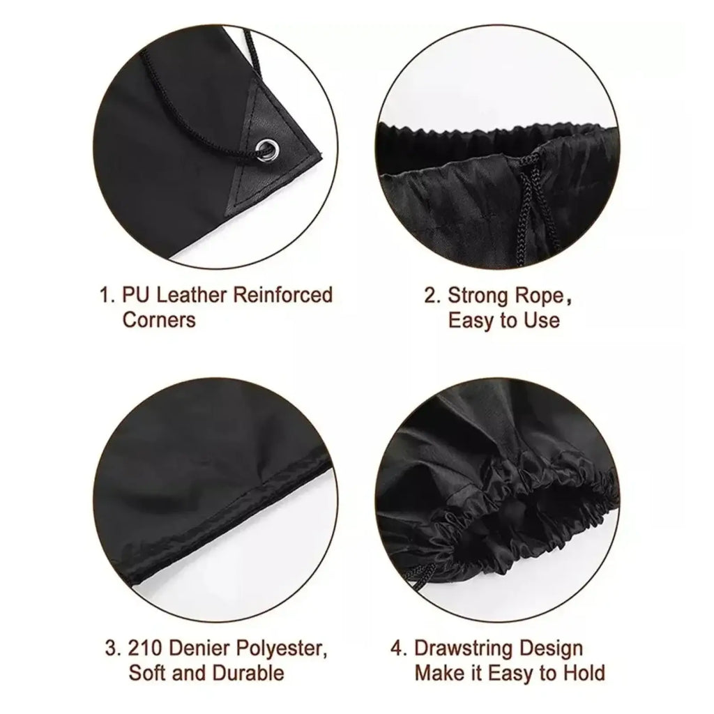 Black drawstring gym backpack large sports sackpack made of 210 denier polyester with pu leather reinforced corners and rope closure