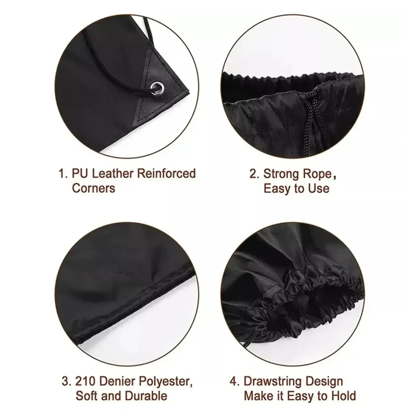 Black drawstring gym backpack large sports sackpack made of 210 denier polyester with pu leather reinforced corners and rope closure