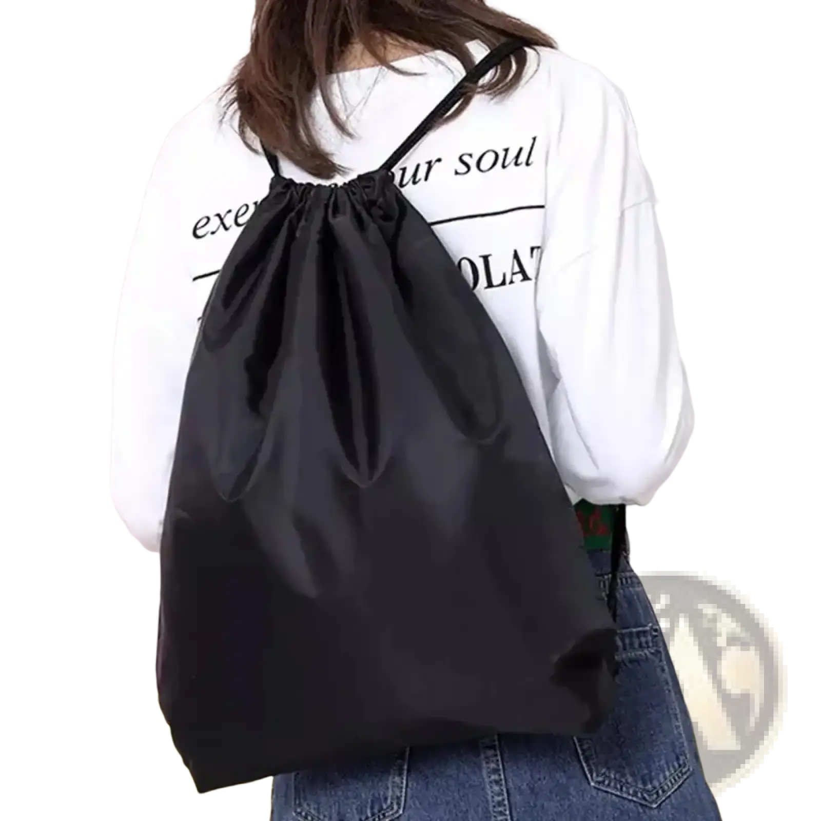 Black drawstring gym backpack with large capacity sleek minimalist design and smooth fabric finish for sports use
