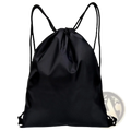 Black drawstring gym backpack with smooth reflective fabric and matching black shoulder straps for sports use