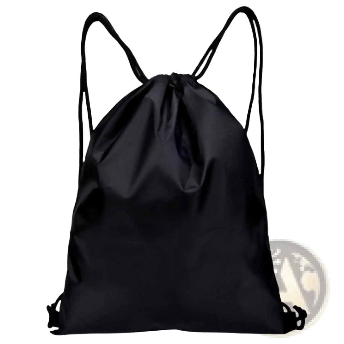 Black drawstring gym backpack with smooth reflective fabric and matching black shoulder straps for sports use