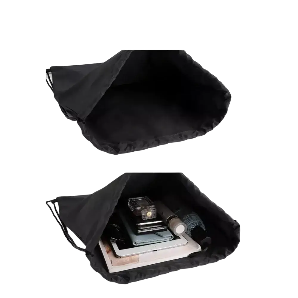 Black drawstring gym backpack with smooth fabric interior and minimalist design for large sports use