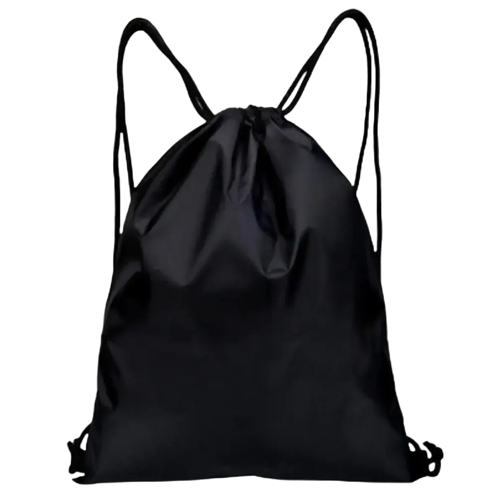 Black drawstring gym backpack large sports sackpack with smooth slightly reflective fabric and matching black straps