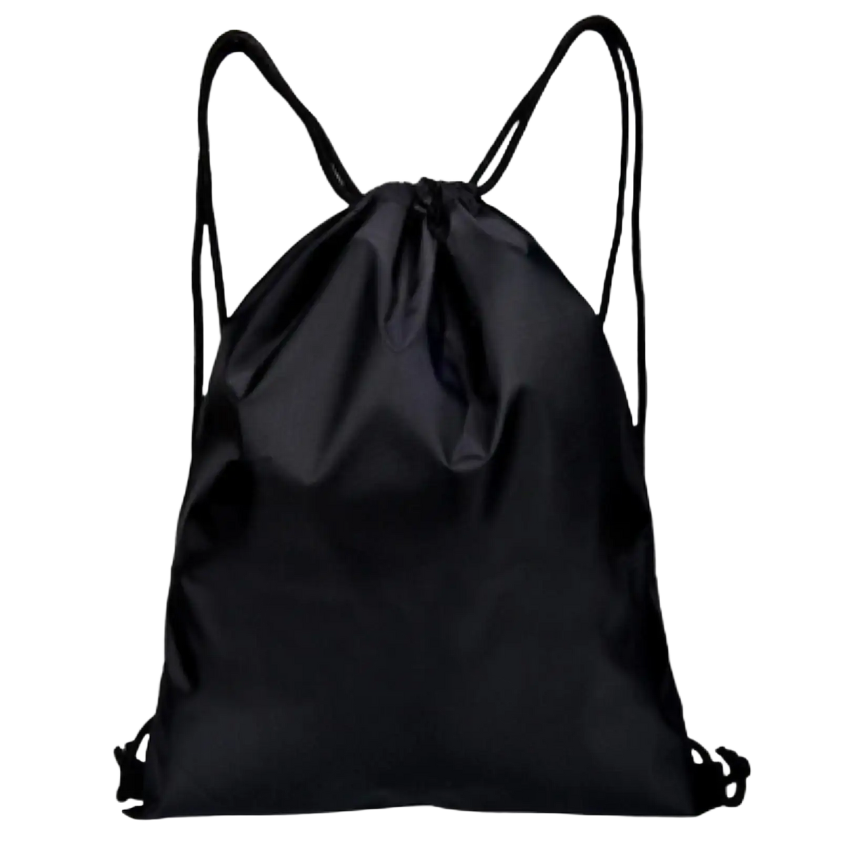 Black drawstring gym backpack with smooth reflective fabric and matching black shoulder straps for sports use