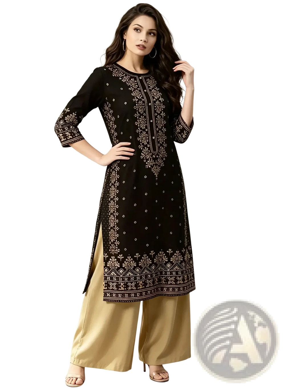 Black embroidered kurta set featuring gold thread detailing and a side slit in an ethnic two piece outfit