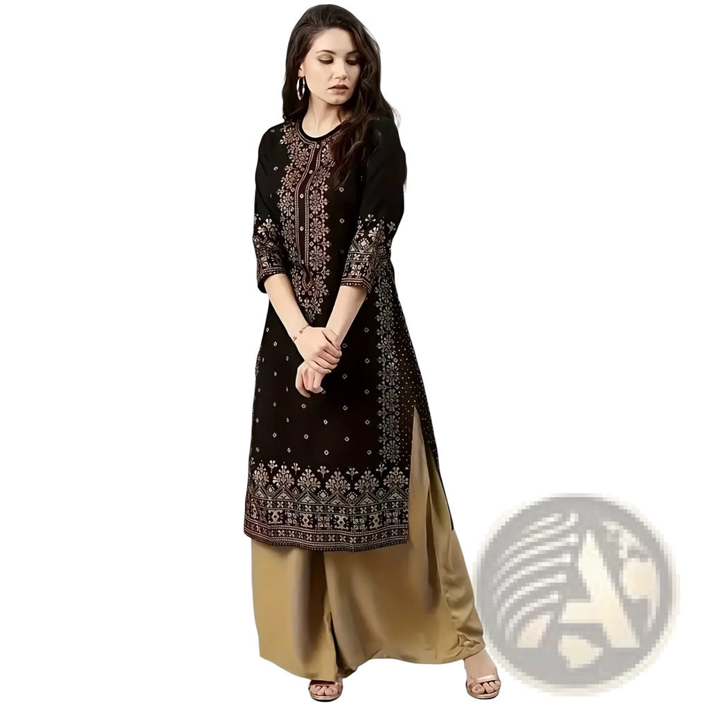 Black embroidered kurta set featuring silver threadwork and high low hemline paired with golden satin palazzo pants