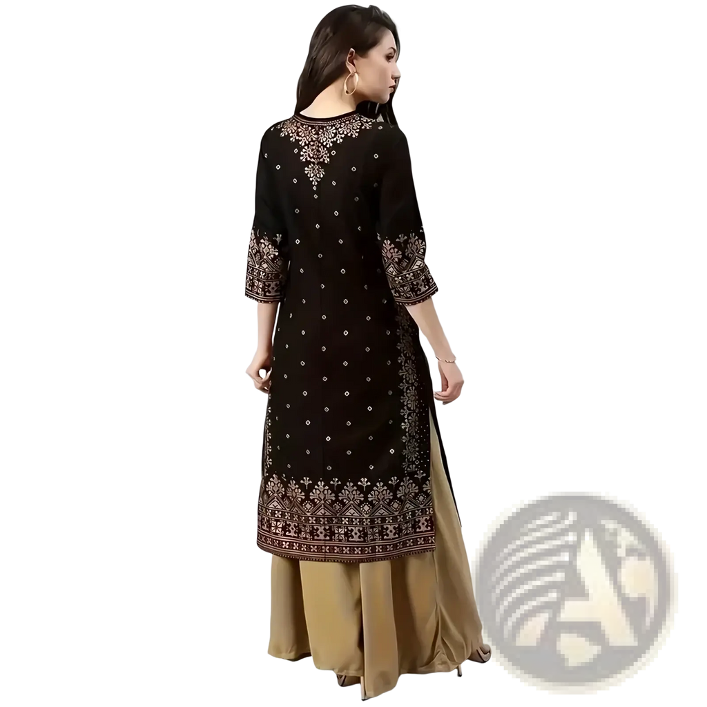 Black embroidered kurta set ethnic two piece outfit with intricate silver and gold threadwork on neckline sleeves and hem