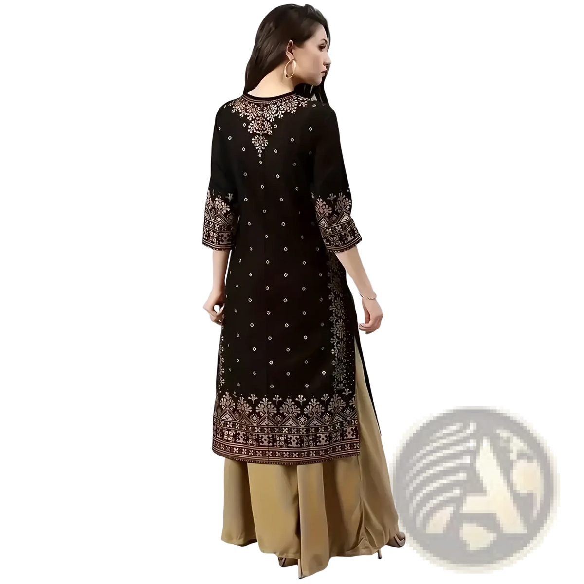 Black embroidered kurta set ethnic two piece outfit with intricate silver and gold threadwork on neckline sleeves and hem