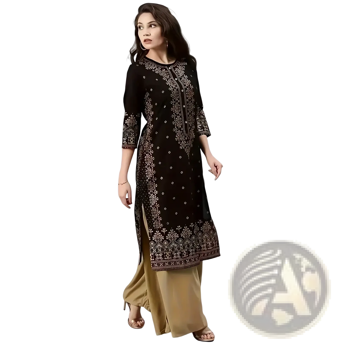 Black embroidered kurta set ethnic two piece outfit featuring intricate silver thread patterns and three quarter sleeves