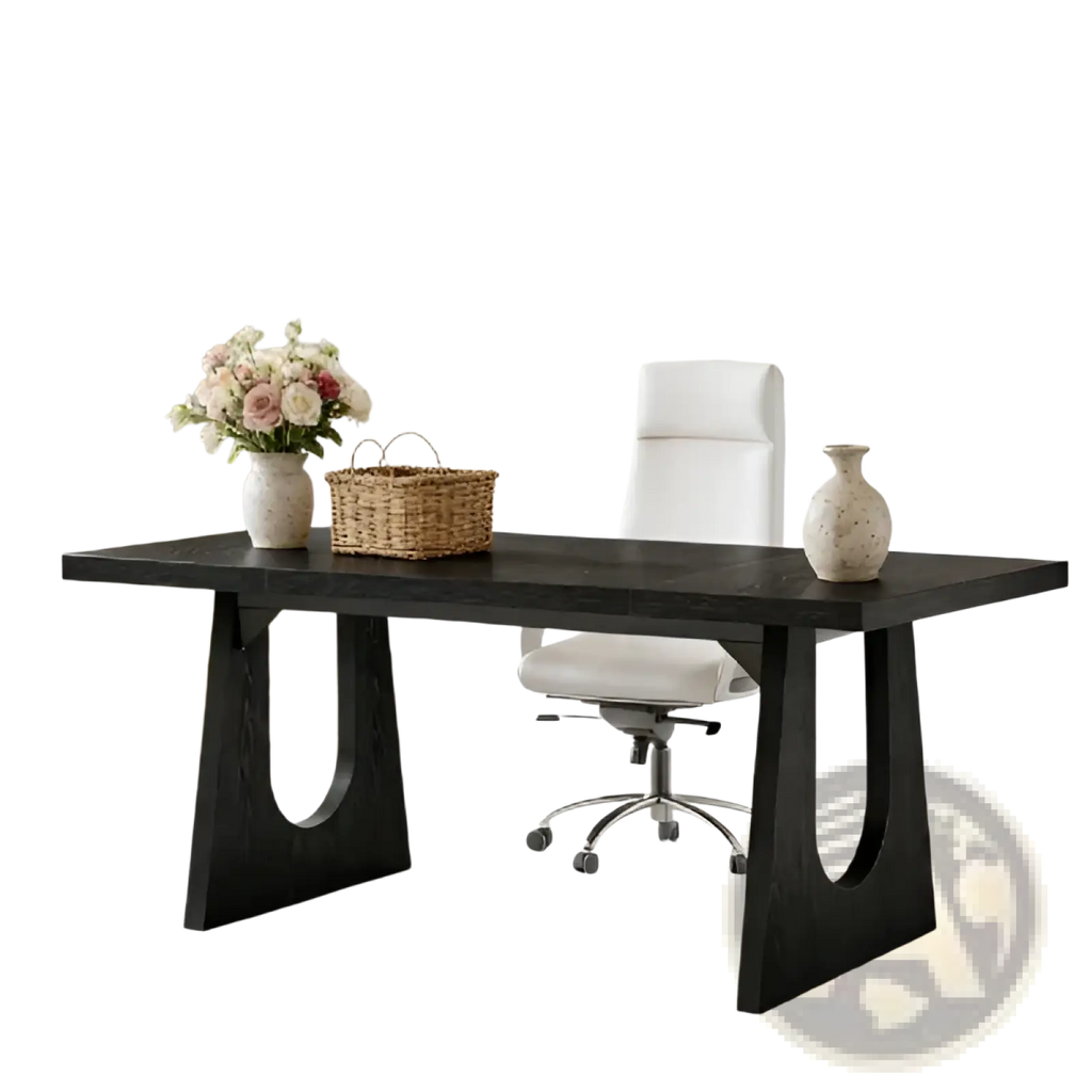 Black executive desk 70 inch modern wood table with sleek legs featuring a distinctive curved cutout design