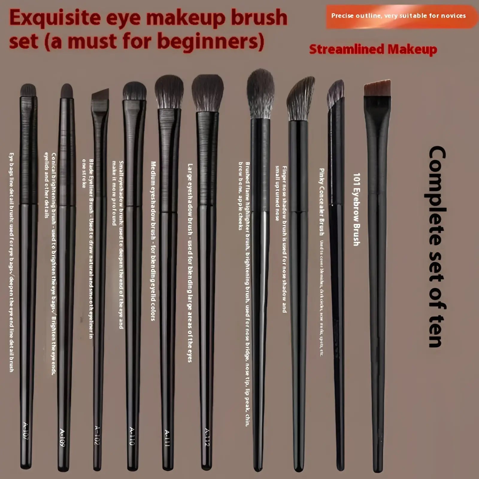 Black eye makeup brush set of 10 pieces with matte finish handles and precision-designed bristles for eyeshadow application