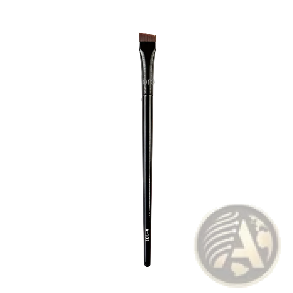 Black angled eyebrow brush with fine dense bristles and sleek handle marked a-101 from black eye makeup brush set 10 piece matte tools