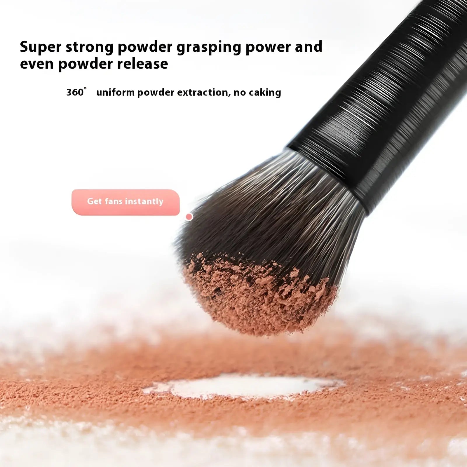 A black-handled black eye makeup brush with dense bristles holding brown powdered makeup from a 10 piece matte set