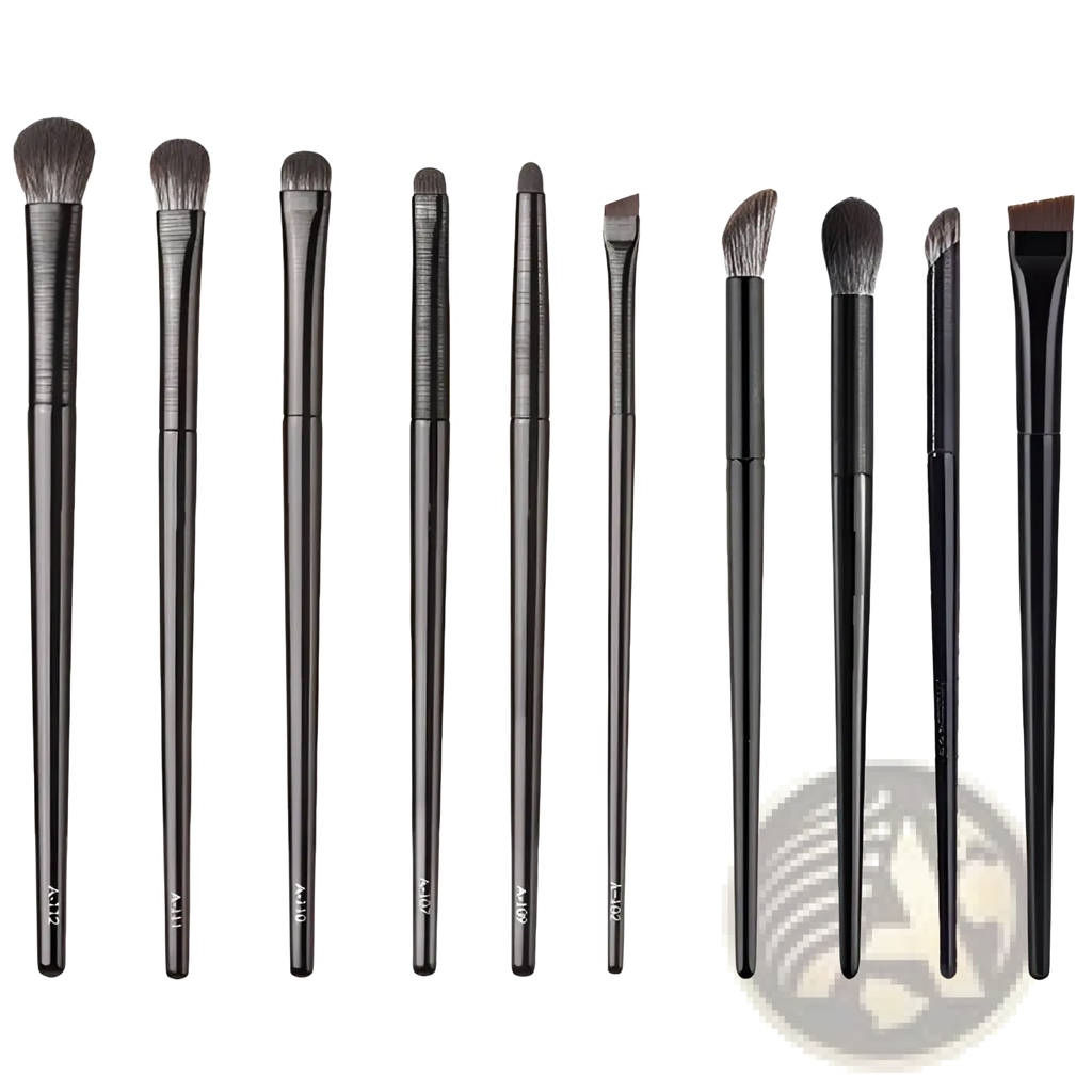 Set of ten black eye makeup brushes with sleek matte handles and varied brush heads for precise cosmetic application