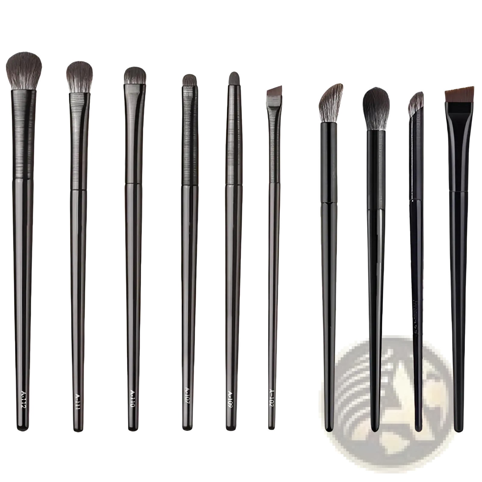 Set of ten black eye makeup brushes with sleek matte handles and varied brush heads for precise cosmetic application