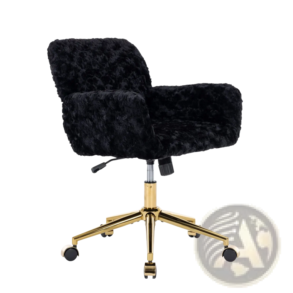 Black faux fur office chair with gold-tone metal base and casters designed for stylish workspace comfort